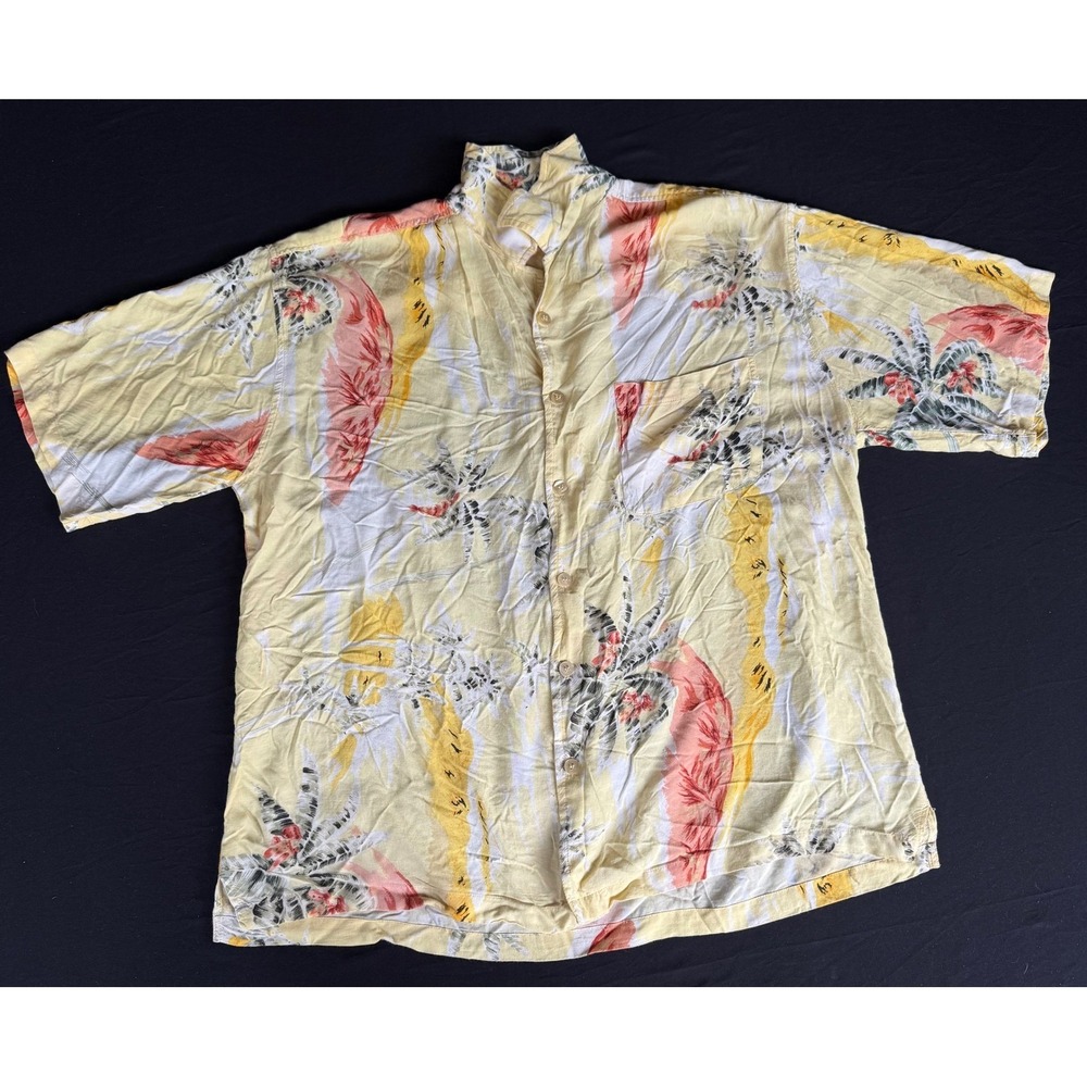 Sunset Highway Mens XL Tropical Palm Tree Rayon Button Front Shirt Yellow Aloha